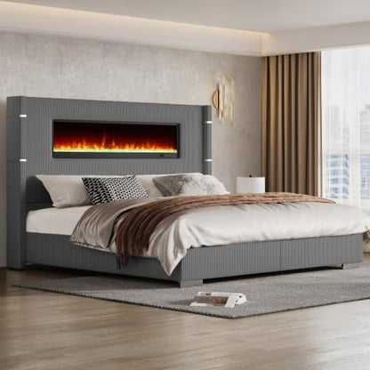 AMERLIFE Cal King Fireplace Bed Frame, Upholstered Headboard, Dark Gray