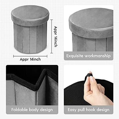 Phantoscope Storage Ottoman Round15 Inch, Velvet Folding Storage Boxes Footrest Foot Ottoman Toy Box, Padded Seat for Dorm Living Room Bedroom, Support 220lbs Grey