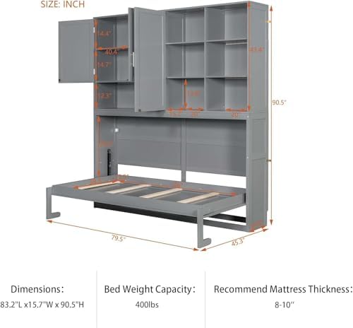 Twin Horizontal Murphy Bed with Storage Cabinet, LED Light and Charging Station,Wood Folding Murphy Wall Bed Cabinet with Bookcase and Shelves for Adult (Grey)