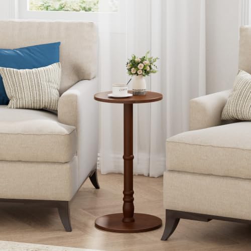 Round Side Table with Solid Wood Pillar, Small Drink Table