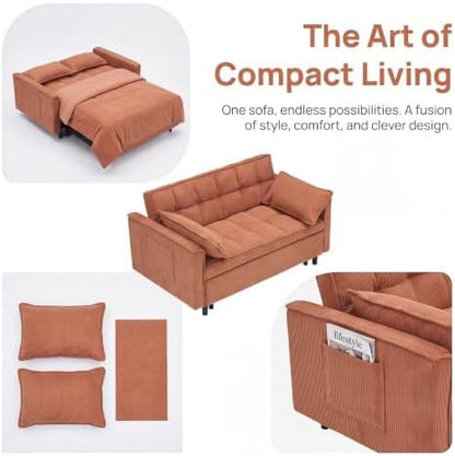 3 in 1 Convertible Sofa Bed, Corduroy Fabric Sleeper Sofa Bed, Modern Pull Out Couch with Side Pockets, Sleeper Couch with Adjustable Backrest for Living Room, Bedroom, Orange