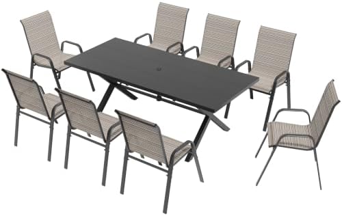 9 PCS Outdoor Patio Dining Set,Patio Table and Chairs Metal Outdoor Patio Furniture Set with Umbrella Hole,Dining Table Set with 8 Teslin Chairs for Deck,Backyard and Garden