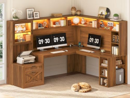 SEDETA Farmhouse 68" L Shaped Office Desk with Hutch, Storage Drawers