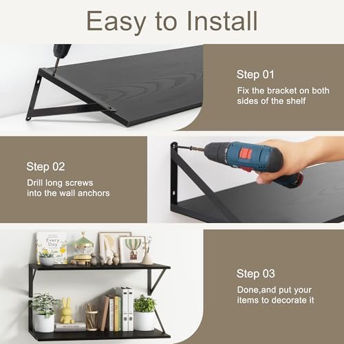 Black Floating Shelves Set of 3, 12"W x 12"D Wall Shelf with Bracket