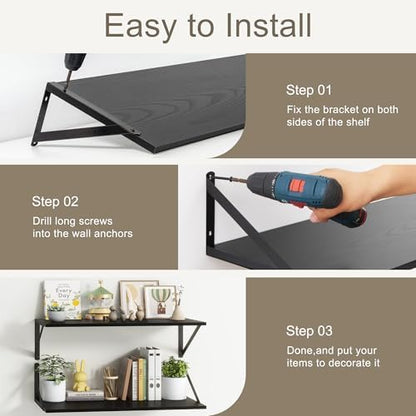 Black Floating Shelves Set of 3, 12"W x 12"D Wall Shelf with Bracket