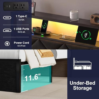Twin Bed Frame with LED Lights, Charging Station & 2 Storage Drawers, Metal Platform with Upholstered Headboard, No Box Spring Needed, Easy Assembly