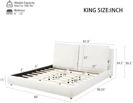 Merax King Boucle Platform Bed with 2 Removable Headboard Pillows, White