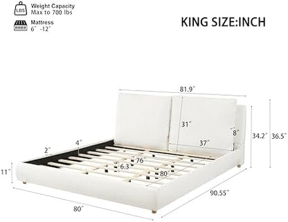 Merax King Boucle Platform Bed with 2 Removable Headboard Pillows, White