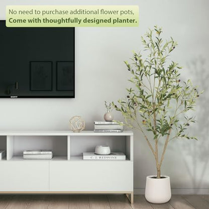 VIVATREES Olive Trees Artificial Indoor, 5FT Tall Faux Olive Tree with White Tall Planter, Artificial Plants with Natural Wood Trunk and Lifelike Fruits for Home Office Decor