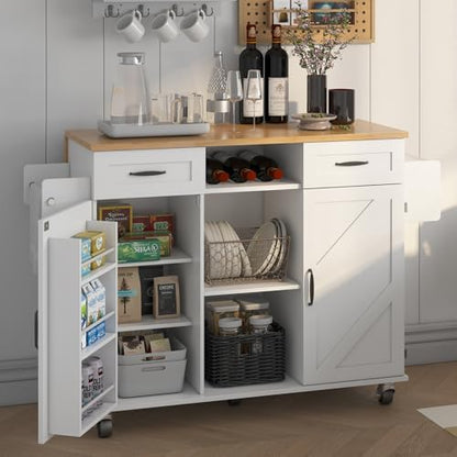 knoworld Rolling Kitchen Island with 2 Storage Cabinet & Drawers, 41.3'' Width Kitchen Cart with Desktop Drop Leaf Countertop, Portable Mobile Island with Towel Rack, Spice Rack Shelf, White2