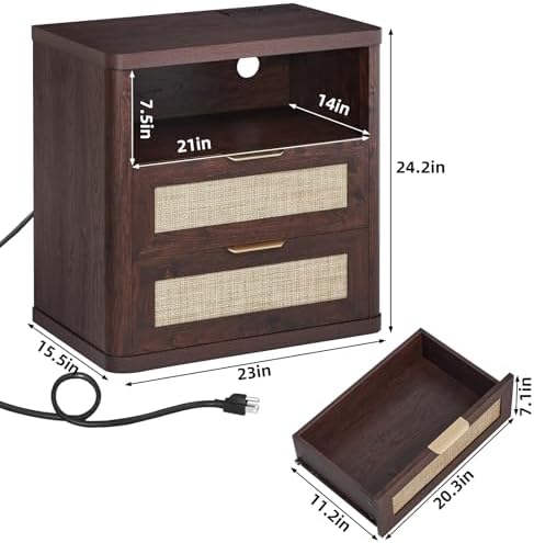 LEYAOYAO Rattan 23" Nightstands Set 2 with Charger Station 2 Drawers