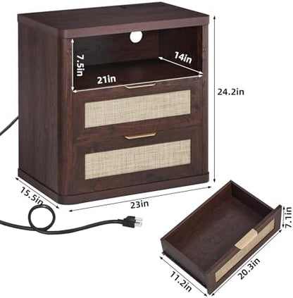 LEYAOYAO Rattan 23" Nightstands Set 2 with Charger Station 2 Drawers