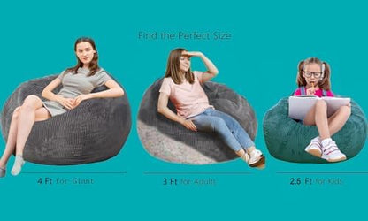 Bean Bag Chair, 4FT Round Memory Foam Filled Bean Bag for Teens & Kids, Ultra Soft Faux Fur Fabric Bean Bag Chairs for Playroom, Living Room, Bedroom, Dark Green