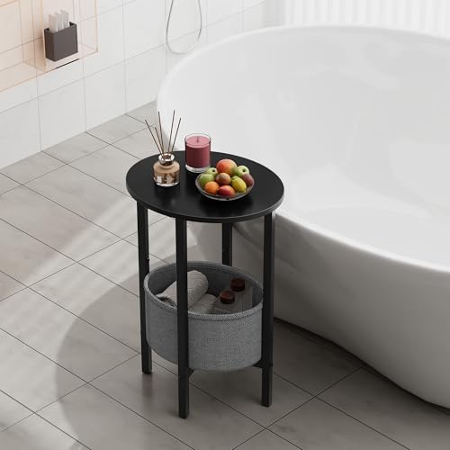 Round Side Table End Table with Storage Basket, Small Side Table Round Nightstand for Small Spaces, Tall Oval End Table with Steel Frame, Coffee Bedside Table for Living Room Bedroom, Black
