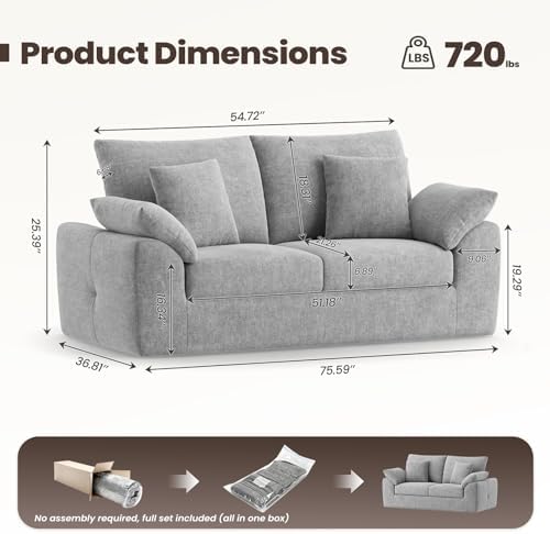 75.6" Cloud Boneless Sofa, Loveseat Couches with 4 Pillows, Modern Living Room 2 Seater Sofa for Small Space, Apartment, No Assembly, Light Grey