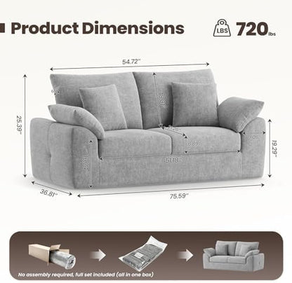 75.6" Cloud Boneless Sofa, Loveseat Couches with 4 Pillows, Modern Living Room 2 Seater Sofa for Small Space, Apartment, No Assembly, Light Grey