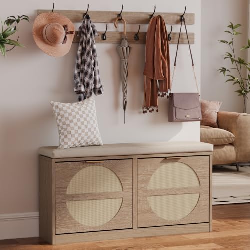 Rattan Shoe Storage Bench with 2 Coat Racks & Padded Cushion