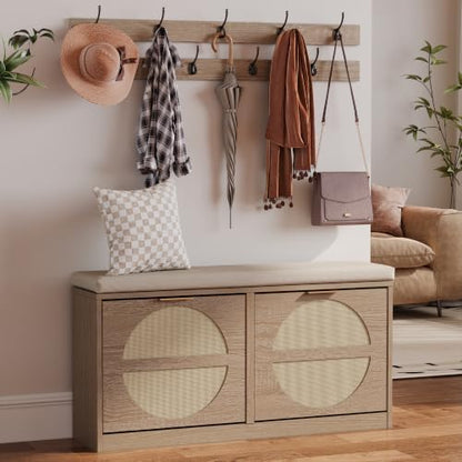 Rattan Shoe Storage Bench with 2 Coat Racks & Padded Cushion