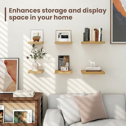 Square Floating Shelves for Wall - 9.3 Inch Deep Floating Shelves with Invisible Brackets, Oak Small Wall Shelf for Living Room, Bathroom, Bedroom, and Kitchen Decor Set of 4
