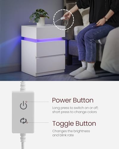 VASAGLE LED Nightstand with Charging Station, Set of 2, 3 Drawers