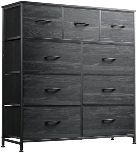 WLIVE Tall Dresser for Bedroom, 9 Drawer Chest of Drawers, Black Wood Grain
