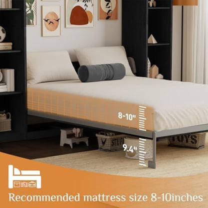 Queen Size Murphy Bed with 2 Storage Cabinet, Farmhouse Wood Hidden Foldable Wall Bed Frame, Space Saving Beds with Shelves, Murphy Bed Queen for Guest Room,Apartment,Office,Bedroom, Black Grey