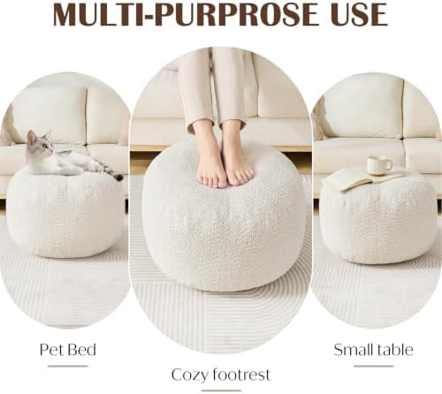 Round Ottoman,Chenille Pouf Foot Rest,Beige,20x15 in