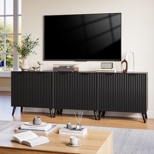 Black Sideboard Buffet Cabinet with Storage, 2 Doors Modern Fluted Buffet Cabinet for Living Room, Accent Credenza with Adjustable Shelves Entryway Storage Cabinets for Kitchen