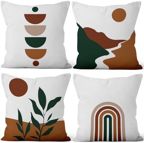 Bohemian Abstract Throw Pillow Covers 26"x26" Set of 4, Boho Minimalist Geometric Leaves Cushion Cover for Sofa Chair Couch Bed Office Garden Patio Farmhouse Indoor Outdoor Decorative