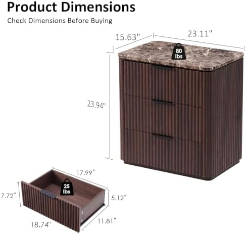Curved Fluted Nightstand Set of 2, Faux Marble Top, Dark Oak