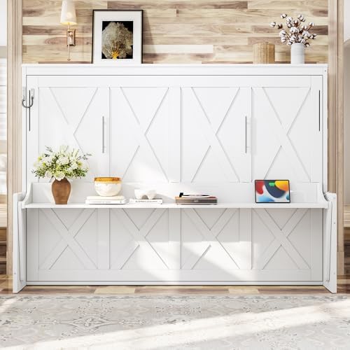 Bellemave Queen Murphy Bed with Desk,LED Lights, Cabinet Bed Frame with USB Port, Noisy Free, for Guest Bedroom, Living Room, White