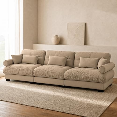 130" Velvet Cloud Couch, 3 Seater Sofa Couch, Taupe