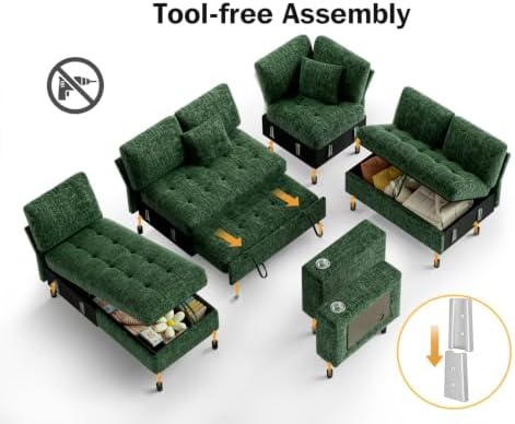 WEUP 111" Modular Sectional Sleeper Sofa with Pull Out Bed, 7 Seat Chenille L Shaped Couch with Storage Chaise|USB Ports|Cup Holders|Side Table|LED Light, Tool Free Assembly, Green