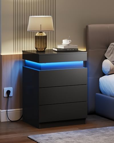 WLIVE Black Nightstand with Charging Station, Night Stand with Sliding Top