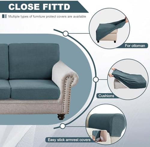 UNBBRRL Seat Cushion Cover and Back Covers for Corner Sofa Stretch Jacquard, Non Slip L Shaped Sofa Slipcover with Storage Ottoman, Sectional Couch Cover for Chaise Lounge (Blue,31 x 31 x 6”)