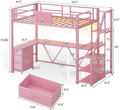 Itaar Stairway Twin Size Loft Bed with L Shaped Desk and Wardrobe, Metal Loft Bed Frame with Stairs, 3 Fabric Drawers, LED Lights & Charging Sation, No Noise & No Box Spring Needed, Pink