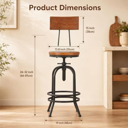 Set of 2-Industrial Bar Stools with Backrest-Swivel Wood Seat-Bar Counter Height Adjustable 26-32.2inch-Kitchen Island Dining Chair
