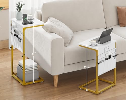 Vagusicc C-Shaped End Table with Charging Station, Small Side Table for Couch, 33" Tall C Table Adjustable Height Side Table, Couch Tables that Slide Under, Sofa Table TV Tray for Living Room, Golden