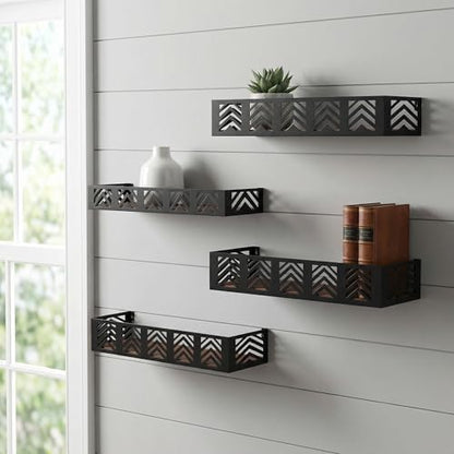 Floating Shelves Set of 4, Home Metal Wood Shelf, Black