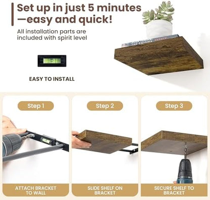 Floating Shelves for Wall - 7.5 Inch Square Shelves with Invisible Brackets, Small Wall Shelf for Living Room, Bathroom, Bedroom, and Kitchen Decor Brown Set of 3