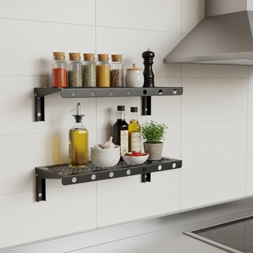 Floating Wall Shelves Set of 2, Black Floating Shelves,Wall-Mounted Bookshelf,Mesh Panel, Used in Living Room, Kitchen, Bathroom, Garage,Folding with Hooks