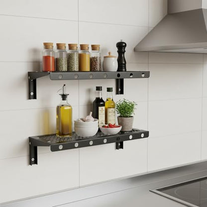 Floating Wall Shelves Set of 2, Black Floating Shelves,Wall-Mounted Bookshelf,Mesh Panel, Used in Living Room, Kitchen, Bathroom, Garage,Folding with Hooks