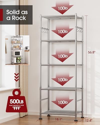5-Tier Storage Shelves with Hooks, 18.1" x 12.4" x 56.8", Silver