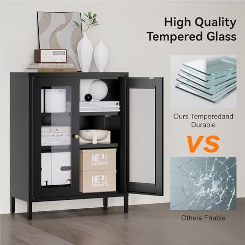 COFaR 31.5"H Metal Storage Cabinet, Display Cabinet with Glass Doors, Black