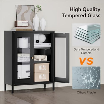 COFaR 31.5"H Metal Storage Cabinet, Display Cabinet with Glass Doors, Black