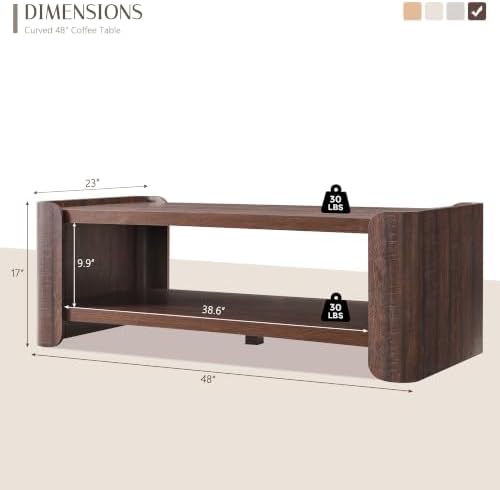 48" Modern Coffee Table for Living Room with 2-Tier Storage Shelf, Brown