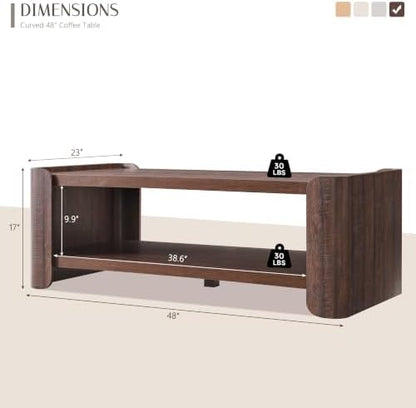 48" Modern Coffee Table for Living Room with 2-Tier Storage Shelf, Brown