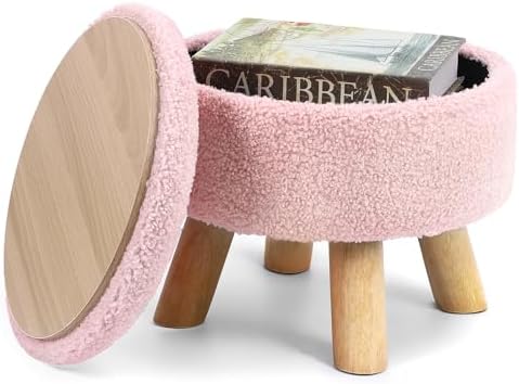 OGEMXU Ottoman Foot Rest, Small Round Ottoman with Storage, Boucle Teddy Velvet Footstool with Wood Legs, Soft Sponge Storage Ottoman for Living Room, Bedroom, Couch, Enterway (Pink)