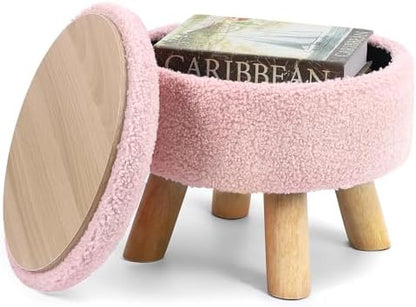 OGEMXU Ottoman Foot Rest, Small Round Ottoman with Storage, Boucle Teddy Velvet Footstool with Wood Legs, Soft Sponge Storage Ottoman for Living Room, Bedroom, Couch, Enterway (Pink)
