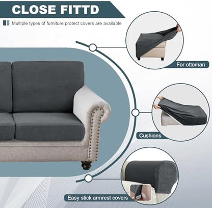Seat Cushion Cover and Back Covers for Corner Sofa Stretch Jacquard, Non Slip L Shaped Sofa Slipcover with Storage Ottoman, Sectional Couch Cover for Chaise Lounge (Mid grey,Armrest cover x 2)